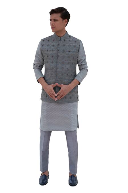 Amrit Dawani_Gray Silk, Chanderi Beads Diamond Embroidered Bundi And Kurta Set _Online_at_Aza_Fashions
