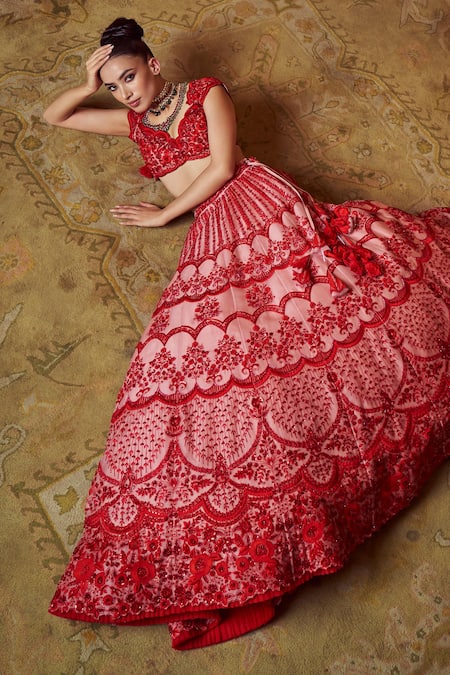 Shop Anushree Reddy Pink Organza Embroidery Floral Scallop Neck Scarlet Bridal Lehenga Set at Aza Fashions Shop_Anushree Reddy_Pink Organza Embroidery Floral Scallop Neck Scarlet Bridal Lehenga Set _at_Aza_Fashions
