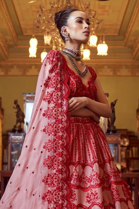 Anushree Reddy Pink Organza Embroidery Floral Scallop Neck Scarlet Bridal Lehenga Set Online at Aza Fashions Anushree Reddy_Pink Organza Embroidery Floral Scallop Neck Scarlet Bridal Lehenga Set _Online_at_Aza_Fashions