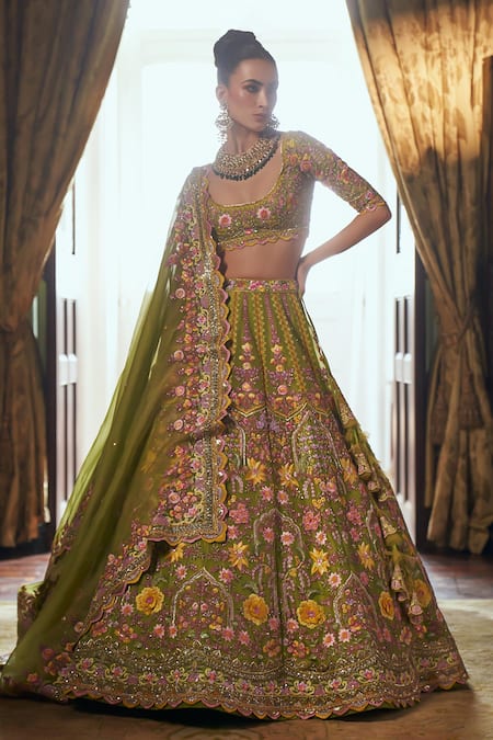 Shop Anushree Reddy Green Organza Embroidery Floral Scoop Neck Gladiolus Bridal Lehenga Set at Aza Fashions Shop_Anushree Reddy_Green Organza Embroidery Floral Scoop Neck Gladiolus Bridal Lehenga Set _at_Aza_Fashions