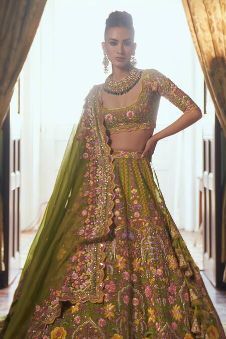 Anushree Reddy Green Organza Embroidery Floral Scoop Neck Gladiolus Bridal Lehenga Set Online at Aza Fashions Anushree Reddy_Green Organza Embroidery Floral Scoop Neck Gladiolus Bridal Lehenga Set _Online_at_Aza_Fashions