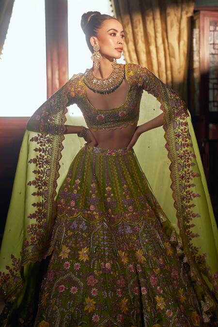 Shop Anushree Reddy Green Organza Embroidery Floral Scoop Neck Gladiolus Bridal Lehenga Set Online at Aza Fashions Shop_Anushree Reddy_Green Organza Embroidery Floral Scoop Neck Gladiolus Bridal Lehenga Set _Online_at_Aza_Fashions