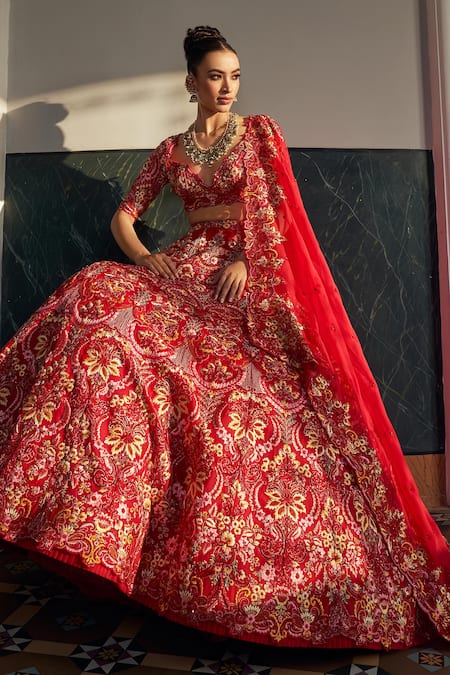 Anushree Reddy Red Organza Embroidery Carnation Floral Sweetheart Neck Bridal Lehenga Set 