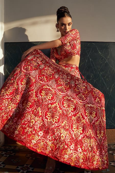Shop Anushree Reddy Red Organza Embroidery, Sequins Sweetheart Neck Carnation Bridal Lehenga Set at Aza Fashions Shop_Anushree Reddy_Red Organza Embroidery, Sequins Sweetheart Neck Carnation Bridal Lehenga Set _at_Aza_Fashions