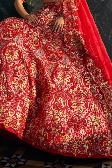 Anushree Reddy Red Organza Embroidery, Sequins Sweetheart Neck Carnation Bridal Lehenga Set Online at Aza Fashions Anushree Reddy_Red Organza Embroidery, Sequins Sweetheart Neck Carnation Bridal Lehenga Set _Online_at_Aza_Fashions