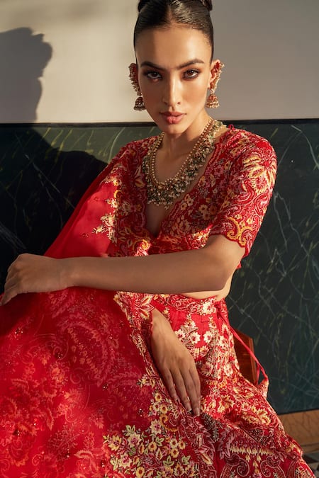 Buy Anushree Reddy Red Organza Embroidery, Sequins Sweetheart Neck Carnation Bridal Lehenga Set Online at Aza Fashions Buy_Anushree Reddy_Red Organza Embroidery, Sequins Sweetheart Neck Carnation Bridal Lehenga Set _Online_at_Aza_Fashions