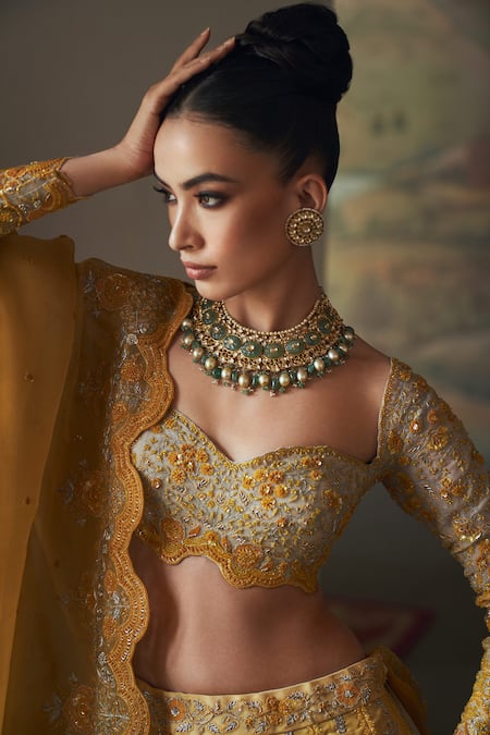 Anushree Reddy Ivory Organza Sequins, Cut Work, Embroidery Daffodil Floral Bridal Lehenga Set at Aza Fashions Anushree Reddy_Ivory Organza Sequins, Cut Work, Embroidery Daffodil Floral Bridal Lehenga Set _at_Aza_Fashions