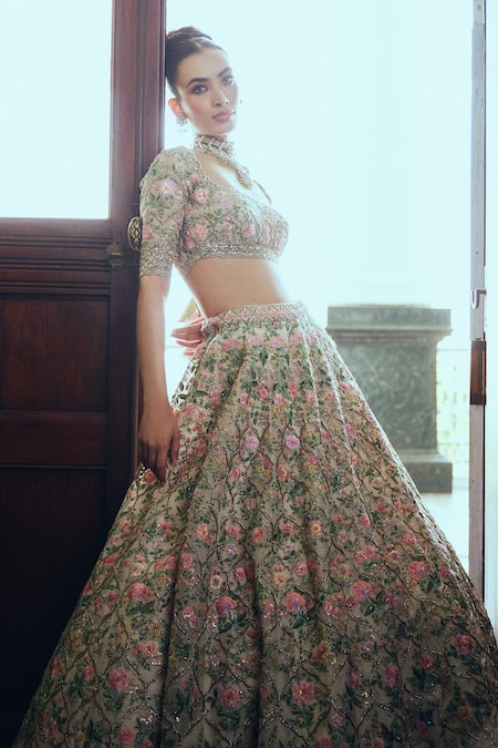 Anushree Reddy_Ivory Organza Sequins, Cut Work, Pearls, Embroidery Ivy Mughal Lehenga Set _Online_at_Aza_Fashions