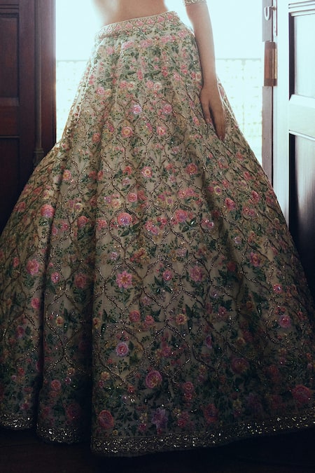 Buy_Anushree Reddy_Ivory Organza Sequins, Cut Work, Pearls, Embroidery Ivy Mughal Lehenga Set _Online_at_Aza_Fashions