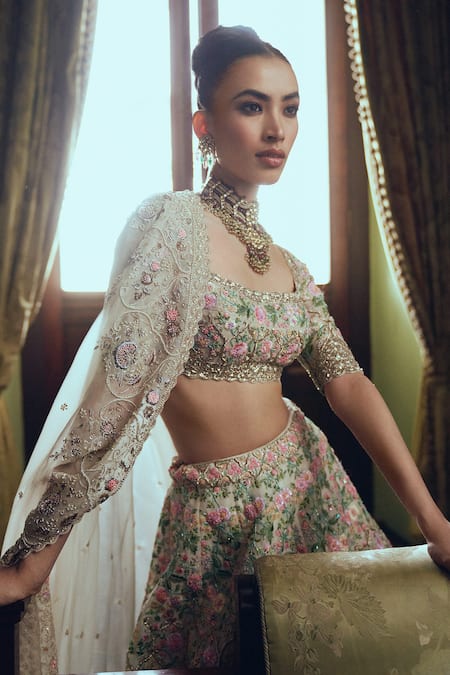 Shop_Anushree Reddy_Ivory Organza Sequins, Cut Work, Pearls, Embroidery Ivy Mughal Lehenga Set _Online_at_Aza_Fashions