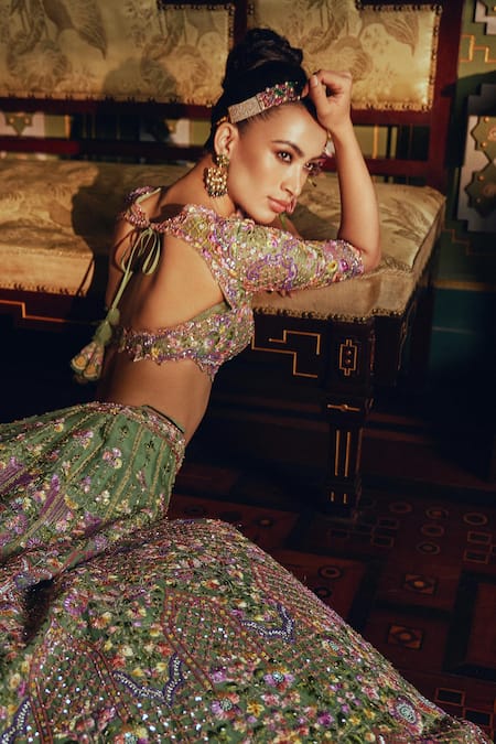 Shop Anushree Reddy Green Organza Embroidery Floral Sweetheart Neck Zinnia Lehenga With Blouse at Aza Fashions Shop_Anushree Reddy_Green Organza Embroidery Floral Sweetheart Neck Zinnia Lehenga With Blouse _at_Aza_Fashions