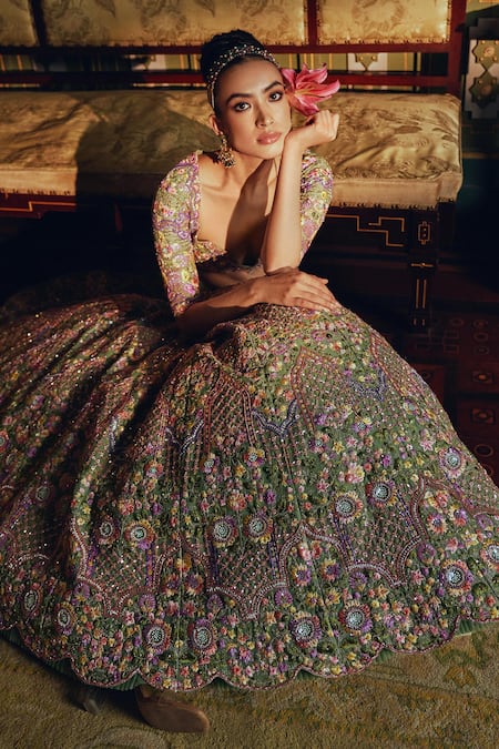 Anushree Reddy Green Organza Embroidery Floral Sweetheart Neck Zinnia Lehenga With Blouse Online at Aza Fashions Anushree Reddy_Green Organza Embroidery Floral Sweetheart Neck Zinnia Lehenga With Blouse _Online_at_Aza_Fashions