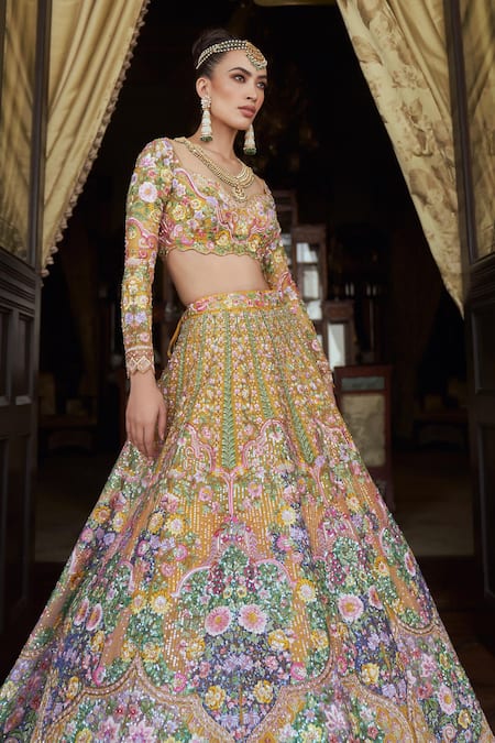 Shop_Anushree Reddy_Yellow Organza Embroidery Floral Sweetheart Tutty Fruity Lehenga With Blouse _Online_at_Aza_Fashions