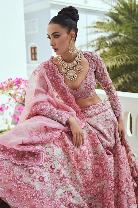 Shop Anushree Reddy Ivory Organza Embroidery Flower Paan Neck Cherry Blossom Bridal Lehenga Set Online at Aza Fashions Shop_Anushree Reddy_Ivory Organza Embroidery Flower Paan Neck Cherry Blossom Bridal Lehenga Set _Online_at_Aza_Fashions