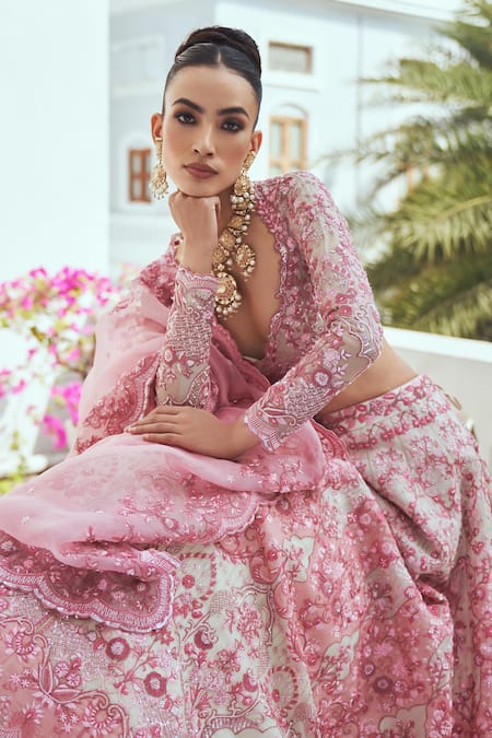 Anushree Reddy Ivory Organza Embroidery Flower Paan Neck Cherry Blossom Bridal Lehenga Set at Aza Fashions Anushree Reddy_Ivory Organza Embroidery Flower Paan Neck Cherry Blossom Bridal Lehenga Set _at_Aza_Fashions
