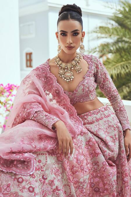 Buy Anushree Reddy Ivory Organza Embroidery Flower Paan Neck Cherry Blossom Bridal Lehenga Set Buy_Anushree Reddy_Ivory Organza Embroidery Flower Paan Neck Cherry Blossom Bridal Lehenga Set