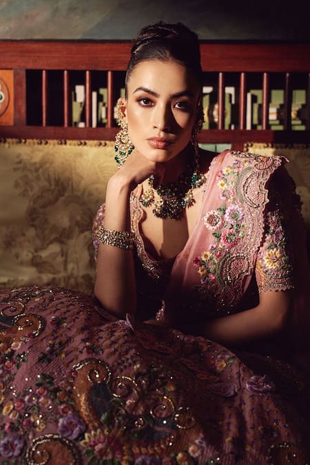 Anushree Reddy Pink Organza Embroidery Flower Paan Neck Orchid Floral Bridal Lehenga Set Online at Aza Fashions Anushree Reddy_Pink Organza Embroidery Flower Paan Neck Orchid Floral Bridal Lehenga Set _Online_at_Aza_Fashions