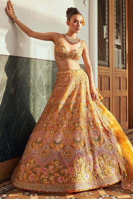 Anushree Reddy Yellow Organza Embroidery Flower Sweetheart Daisy Sunset Bridal Lehenga Set Online at Aza Fashions Anushree Reddy_Yellow Organza Embroidery Flower Sweetheart Daisy Sunset Bridal Lehenga Set _Online_at_Aza_Fashions