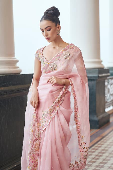 Anushree Reddy Orchid Embroidered Saree With Unstitched Blouse Fabric 