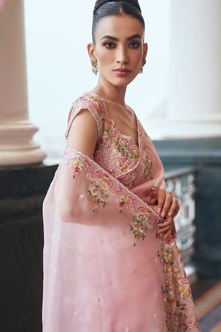 Anushree Reddy_Pink Organza Cut Work Orchid Embroidered Saree With Unstitched Blouse Fabric _Online_at_Aza_Fashions