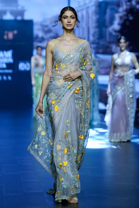 Anushree Reddy Grey Organza Embroidery Thread Daalya Saree With Unstitched Blouse Piece 