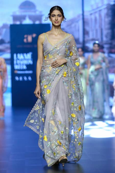 Buy_Anushree Reddy_Grey Organza Embroidery Daalya Thread Saree With Unstitched Blouse Piece _Online_at_Aza_Fashions