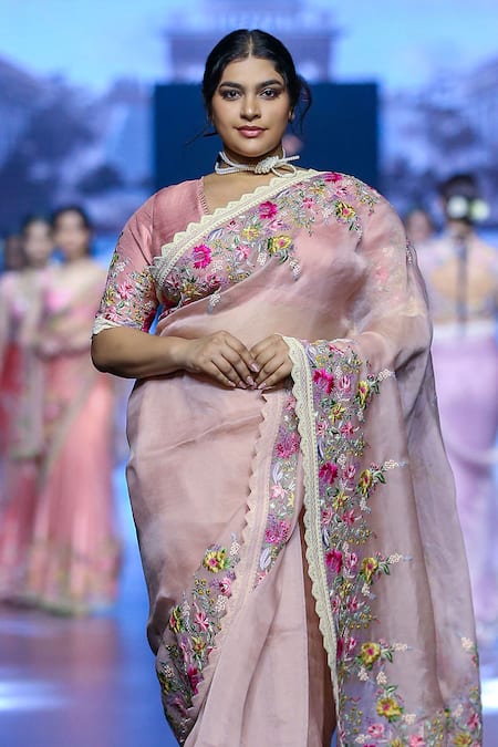 Anushree Reddy Peach Organza Embroidery Nadiah Dori Saree With Unstitched Blouse Piece Online at Aza Fashions Anushree Reddy_Peach Organza Embroidery Nadiah Dori Saree With Unstitched Blouse Piece _Online_at_Aza_Fashions