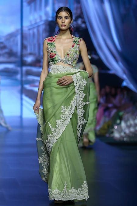 Anushree Reddy Green Organza Embroidery Pearl Lihaaz Saree With Unstitched Blouse Piece 