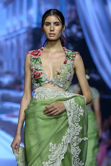 Anushree Reddy_Green Organza Pearls Lihaaz Embroidered Saree With Unstitched Blouse Piece _Online_at_Aza_Fashions
