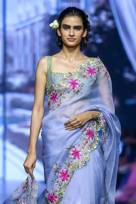 Anushree Reddy_Blue Organza Embroidery Naadim Thread Border Saree With Unstitched Blouse Piece _Online_at_Aza_Fashions