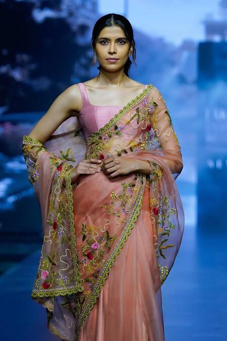 Buy_Anushree Reddy_Coral Organza Embroidery Samara Border Saree With Unstitched Blouse Piece _Online_at_Aza_Fashions
