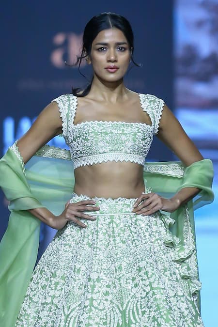 Anushree Reddy Green Organza Embroidery Pearl Cutwork Malka Bridal Lehenga Set Online at Aza Fashions Anushree Reddy_Green Organza Embroidery Pearl Cutwork Malka Bridal Lehenga Set _Online_at_Aza_Fashions
