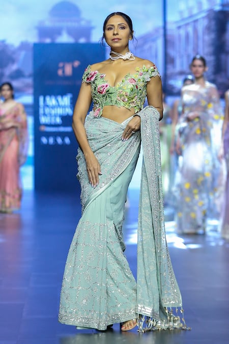 Anushree Reddy_Blue Georgette Sequins, Embroidery Asma Saree With Unstitched Blouse Piece _Online_at_Aza_Fashions