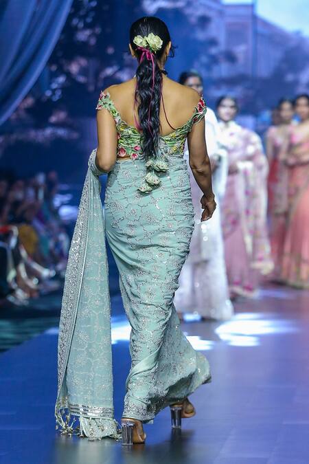 Buy_Anushree Reddy_Blue Georgette Sequins, Embroidery Asma Saree With Unstitched Blouse Piece _Online_at_Aza_Fashions