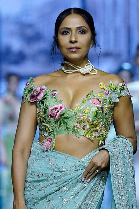 Shop_Anushree Reddy_Blue Georgette Sequins, Embroidery Asma Saree With Unstitched Blouse Piece _Online_at_Aza_Fashions