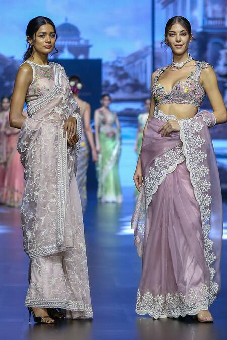 Anushree Reddy_Pink Organza Pearls Fanna Embroidered Saree With Unstitched Blouse Piece _Online_at_Aza_Fashions