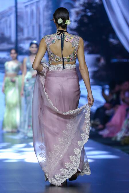 Buy_Anushree Reddy_Pink Organza Pearls Fanna Embroidered Saree With Unstitched Blouse Piece _Online_at_Aza_Fashions