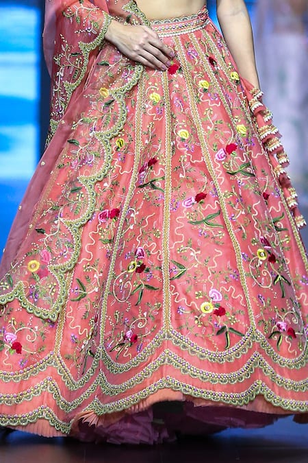 Buy_Anushree Reddy_Coral Organza Embroidery Thread Plunge V Neck Veronica Bridal Lehenga Set _Online_at_Aza_Fashions