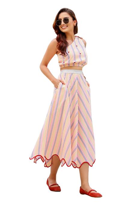 Buy_Gulaal_Multi Color Cotton Embroidery One Shoulder Striped Top With Skirt 