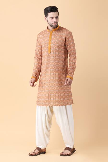 Buy_Manish Nagdeo_Yellow Silk, Cotton, Rayon Embroidery Mandala Print Kurta And Salwar Set _Online_at_Aza_Fashions