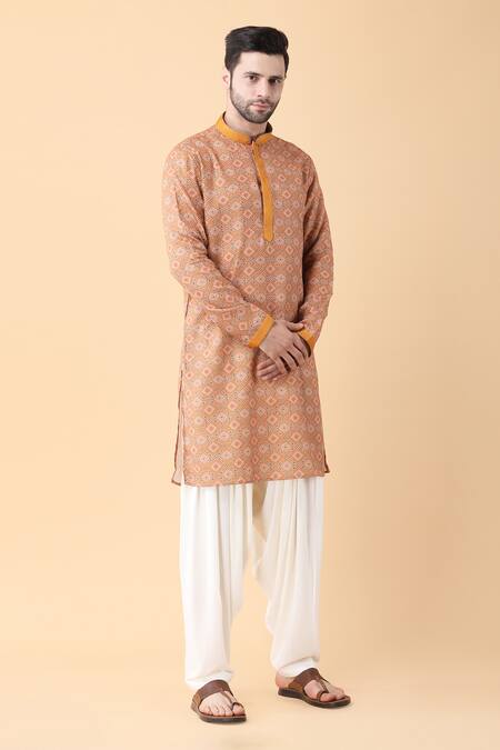 Shop_Manish Nagdeo_Yellow Silk, Cotton, Rayon Embroidery Mandala Print Kurta And Salwar Set _Online_at_Aza_Fashions