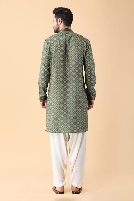 Shop Manish Nagdeo Green Silk, Cotton, Rayon Mandala Pattern Kurta And Salwar Set at Aza Fashions Shop_Manish Nagdeo_Green Silk, Cotton, Rayon Mandala Pattern Kurta And Salwar Set _at_Aza_Fashions
