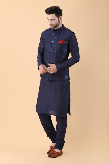 Shop_Manish Nagdeo_Blue Silk, Cotton Sequins Hand Embroidered Kurta And Bundi Jacket Set _Online_at_Aza_Fashions