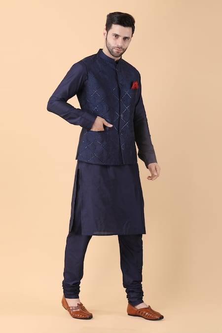 Manish Nagdeo_Blue Silk, Cotton Sequins Hand Embroidered Kurta And Bundi Jacket Set _at_Aza_Fashions