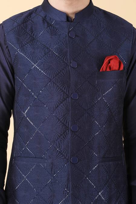 Buy_Manish Nagdeo_Blue Silk, Cotton Sequins Hand Embroidered Kurta And Bundi Jacket Set 