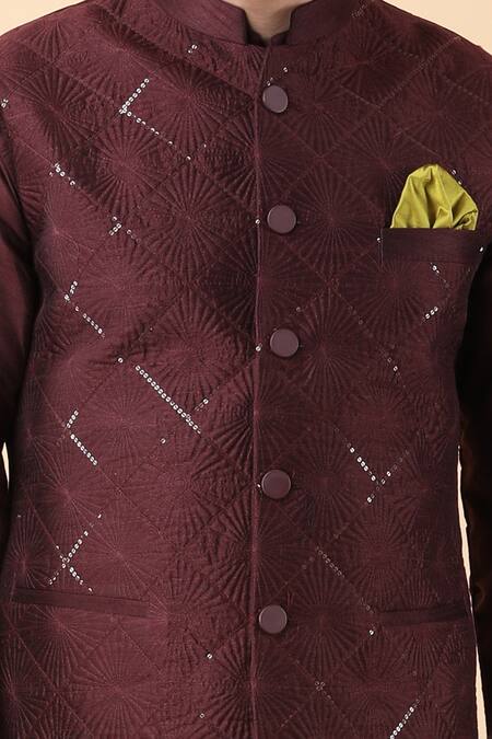 Shop Manish Nagdeo Wine Silk, Cotton Sequins Embroidered Bundi Jacket And Kurta Set Online at Aza Fashions Shop_Manish Nagdeo_Wine Silk, Cotton Sequins Embroidered Bundi Jacket And Kurta Set _Online_at_Aza_Fashions