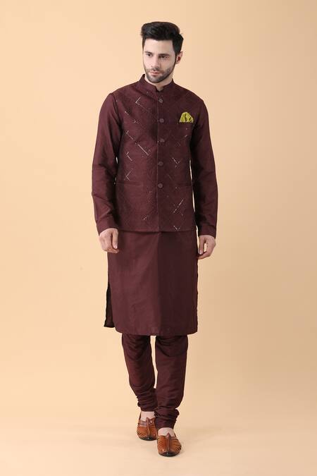 Manish Nagdeo Wine Silk, Cotton Sequins Embroidered Bundi Jacket And Kurta Set at Aza Fashions Manish Nagdeo_Wine Silk, Cotton Sequins Embroidered Bundi Jacket And Kurta Set _at_Aza_Fashions