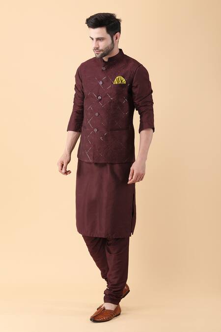 Buy Manish Nagdeo Wine Silk, Cotton Sequins Embroidered Bundi Jacket And Kurta Set Buy_Manish Nagdeo_Wine Silk, Cotton Sequins Embroidered Bundi Jacket And Kurta Set