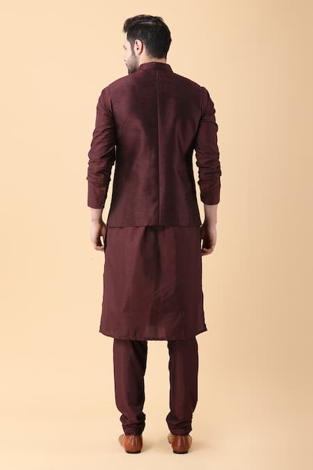 Shop Manish Nagdeo Wine Silk, Cotton Sequins Embroidered Bundi Jacket And Kurta Set at Aza Fashions Shop_Manish Nagdeo_Wine Silk, Cotton Sequins Embroidered Bundi Jacket And Kurta Set _at_Aza_Fashions
