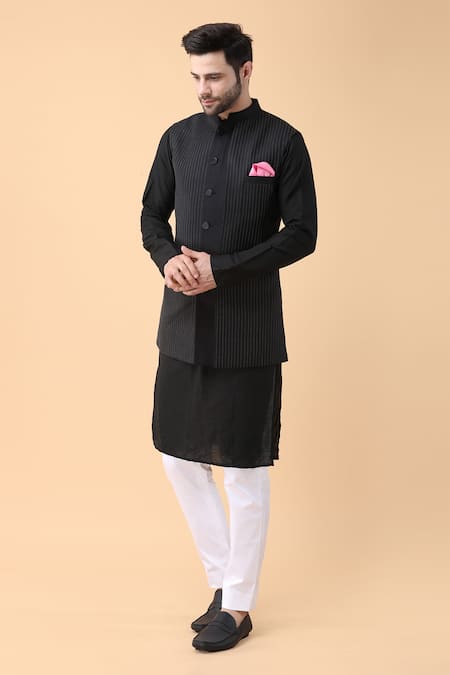 Shop Manish Nagdeo Black Silk, Cotton Satin Embroidery, Diamonds Dori Bundi Jacket And Kurta Set Online at Aza Fashions Shop_Manish Nagdeo_Black Silk, Cotton Satin Embroidery, Diamonds Dori Bundi Jacket And Kurta Set _Online_at_Aza_Fashions